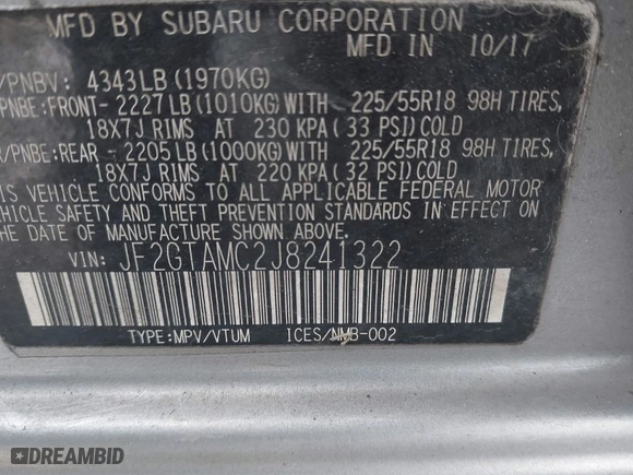 2018 Subaru Crosstrek Limited with VIN JF2GTAMC2J8241322, listed as a IAAI auction lot 41577400 with NaN miles. Bid and sale history available at carsss.com. Image 9.