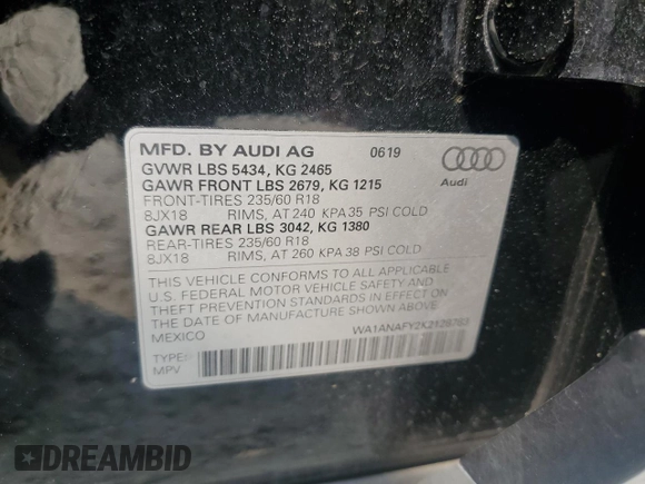 2019 Audi Q5 Premium with VIN WA1ANAFY2K2128783, listed as a Copart auction lot 59461185 with 49,020 mi miles and Salvage title. Bid and sale history available at DreamBid. Image 13.