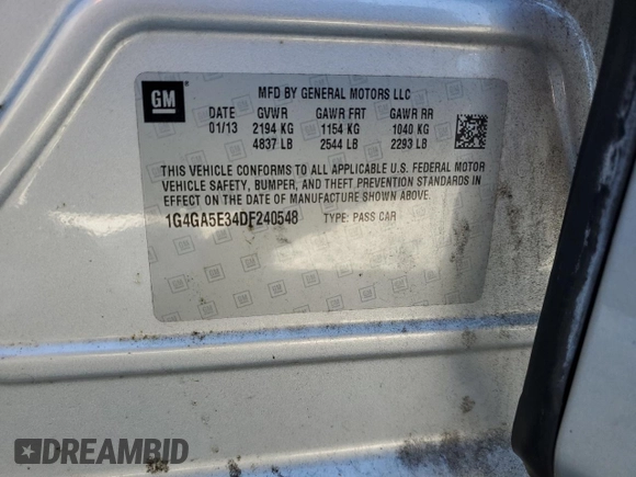 2013 Buick LaCrosse with VIN 1G4GA5E34DF240548, listed as a Copart auction lot 44892905 with 230,048 mi miles and Salvage title. Bid and sale history available at DreamBid. Image 12.
