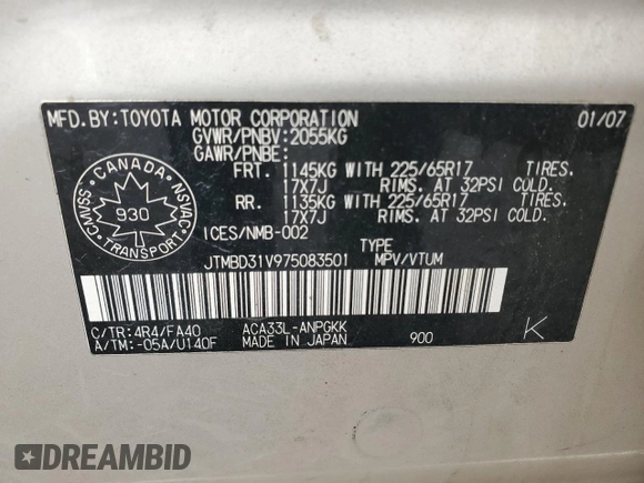2007 Toyota RAV4 Limited с VIN JTMBD31V975083501, выставлен на аукционе Copart как лот 56335395 с пробегом 357 491 миль миль и Списание • Salvage title. История ставок и продаж доступна на DreamBid. Изображение 13.