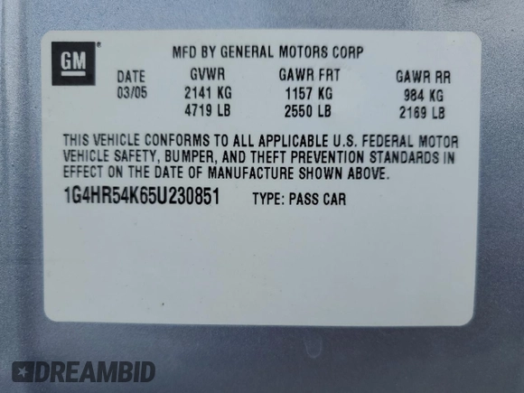 2005 Buick LeSabre Limited with VIN 1G4HR54K65U230851, listed as a Copart auction lot 50578615 with 78,628 mi miles and Salvage Title. Bid and sale history available at DreamBid. Image 12.