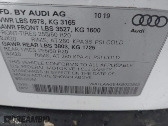 2019 Audi e-tron Premium Plus с VIN WA1LAAGE4KB023803, выставлен на аукционе IAAI как лот 42184693 с пробегом 30 746 миль миль и . История ставок и продаж доступна на DreamBid. Изображение 9.
