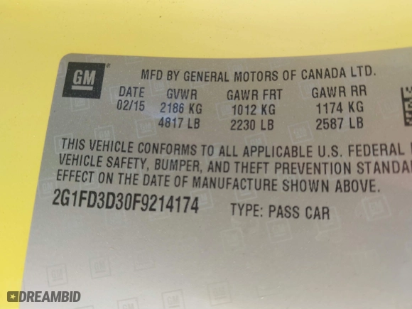 2015 Chevrolet Camaro LT with VIN 2G1FD3D30F9214174, listed as a IAAI auction lot 41807488 with 23,002 mi miles. Bid and sale history available at carsss.com. Image 9.