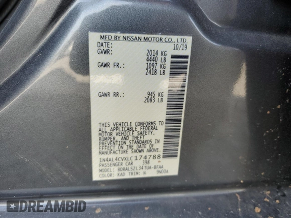 2020 Nissan Altima SR with VIN 1N4AL4CVXLC174788, listed as a Copart auction lot 83237654 with 57,662 mi miles and Salvage Title. Bid and sale history available at carsss.com. Image 13.