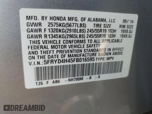 2015 Acura MDX Tech Pkg with VIN 5FRYD4H45FB016595, listed as a Copart auction lot 54501805 with 99,206 mi miles and Salvage Title. Bid and sale history available at carsss.com. Image 13.