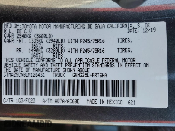 2020 Toyota Tacoma SR5 z VIN 3TMAZ5CN8LM126431, wystawiony jako Copart lot #56073545 z przebiegiem 27 612 mil mil oraz Szkoda całkowita • Salvage title. Historia ofert i sprzedaży dostępna na DreamBid. Obrazek 13.