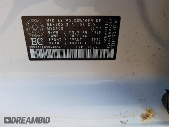 2017 Volkswagen GTI S with VIN 3VW4T7AU9HM053417, listed as a Copart auction lot 68977944 with Not Provided miles and Salvage Title. Bid and sale history available at DreamBid. Image 12.