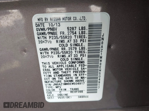 2014 Nissan Murano S with VIN JN8AZ1MW8EW504917, listed as a IAAI auction lot 41771163 with Not Provided miles. Bid and sale history available at carsss.com. Image 9.