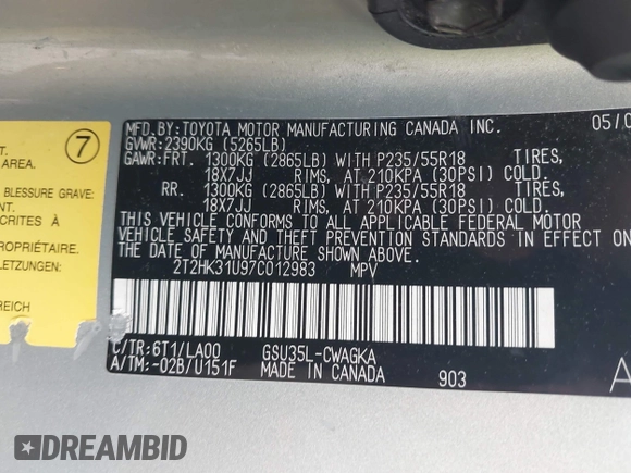 2007 Lexus RX 350 with VIN 2T2HK31U97C012983, listed as a IAAI auction lot 42190788 with 175,317 mi miles and . Bid and sale history available at DreamBid. Image 9.