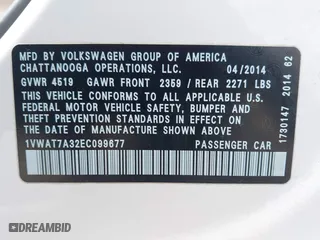 2014 Volkswagen Passat Wolfsburg Ed with VIN 1VWAT7A32EC099677, listed as a IAAI auction lot 41872416 with 182,392 mi miles. Bid and sale history available at carsss.com. Image 9.