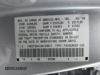 2009 Honda Accord LX-P z VIN 1HGCP26419A129811, wystawiony jako IAAI lot #41575565 z przebiegiem 211 049 mil mil oraz . Historia ofert i sprzedaży dostępna na DreamBid. Obrazek 9.