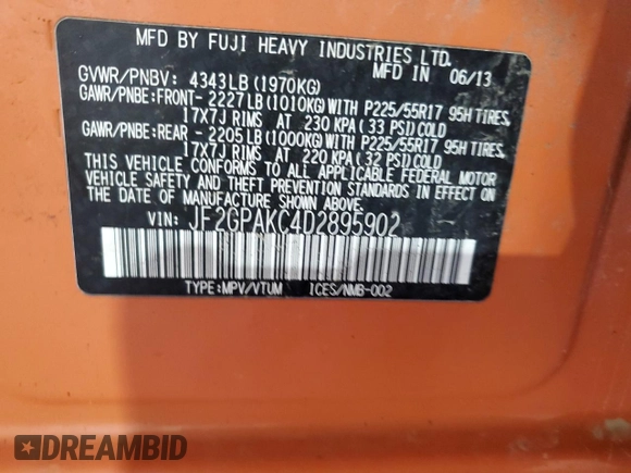 2013 Subaru Crosstrek Limited с VIN JF2GPAKC4D2895902, выставлен на аукционе Copart как лот 57108775 с пробегом Не указан миль и Списание • Salvage title. История ставок и продаж доступна на DreamBid. Изображение 14.