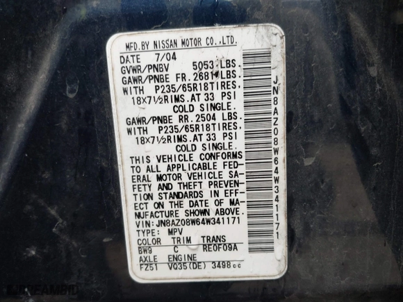 2004 Nissan Murano SE with VIN JN8AZ08W64W341171, listed as a IAAI auction lot 41684057 with 231,415 mi miles. Bid and sale history available at carsss.com. Image 9.