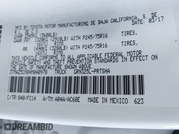 2017 Toyota Tacoma SR5 with VIN 3TMAZ5CN8HM040978, listed as a IAAI auction lot 41847492 with 103,731 mi miles and . Bid and sale history available at DreamBid. Image 9.