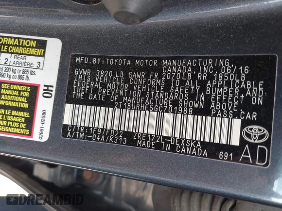 2016 Toyota Corolla L with VIN 2T1BURHE5GC701988, listed as a IAAI auction lot 42582683 with 81,627 mi miles and . Bid and sale history available at DreamBid. Image 9.