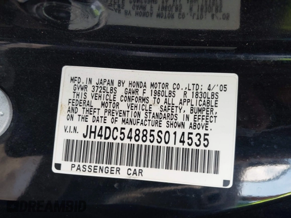 2005 Acura RSX z VIN JH4DC54885S014535, wystawiony jako IAAI lot #41697297 z przebiegiem 241 671 mil mil oraz . Historia ofert i sprzedaży dostępna na DreamBid. Obrazek 9.