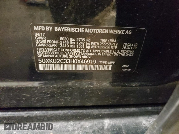 2017 BMW X6 xDrive35i with VIN 5UXKU2C33H0X46919, listed as a Copart auction lot 39154864 with Not Provided miles and . Bid and sale history available at DreamBid. Image 15.
