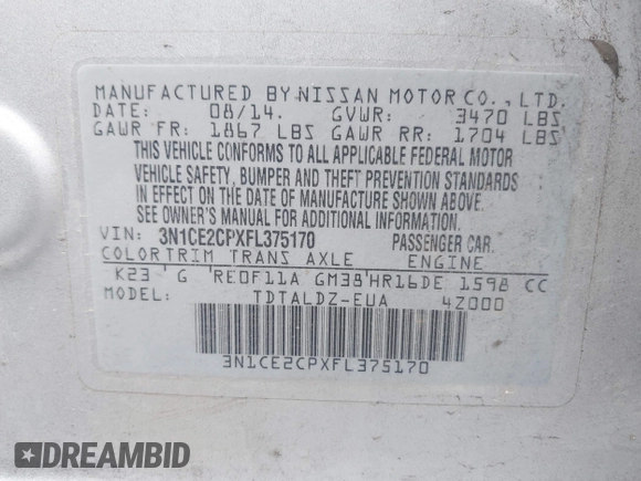 2015 Nissan Note S with VIN 3N1CE2CPXFL375170, listed as a IAAI auction lot 42430996 with 131,672 mi miles and . Bid and sale history available at DreamBid. Image 9.