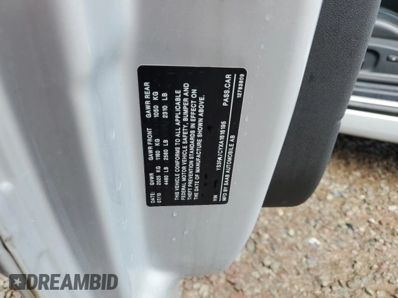 2010 Saab 9-3 z VIN YS3FA7CYXA1616195, wystawiony jako Copart lot #59883835 z przebiegiem 88 707 mil mil oraz Szkoda całkowita • Salvage title. Historia ofert i sprzedaży dostępna na DreamBid. Obrazek 12.