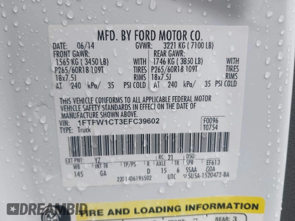 2014 Ford F-150 XL with VIN 1FTFW1CT3EFC39602, listed as a IAAI auction lot 42340659 with 61,464 mi miles and . Bid and sale history available at DreamBid. Image 9.