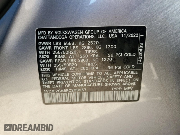 2023 Volkswagen Atlas SE with VIN 1V2JE2CA5PC209957, listed as a Copart auction lot 81876964 with 11,022 mi miles and Salvage title. Bid and sale history available at DreamBid. Image 14.