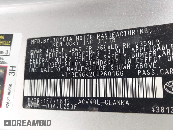 2008 Toyota Camry LE with VIN 4T1BE46K28U260166, listed as a IAAI auction lot 42009148 with 249,348 mi miles and . Bid and sale history available at DreamBid. Image 9.