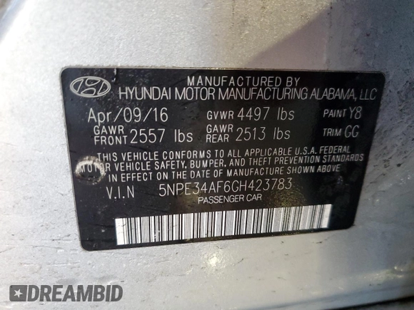 2016 Hyundai Sonata Sport with VIN 5NPE34AF6GH423783, listed as a Copart auction lot 42522245 with Not Provided miles and Salvage Title. Bid and sale history available at DreamBid. Image 12.