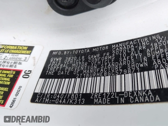 2016 Toyota Corolla L with VIN 2T1BURHE8GC579871, listed as a IAAI auction lot 42346411 with 135,949 mi miles and . Bid and sale history available at DreamBid. Image 9.