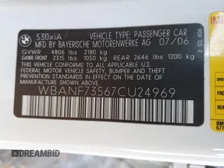 2007 BMW 5 Series 530xi with VIN WBANF73567CU24969, listed as a Copart auction lot 77859734 with 251,508 mi miles and Salvage Title. Bid and sale history available at carsss.com. Image 12.