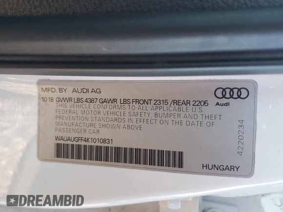 2019 Audi A3 Sedan Premium with VIN WAUAUGFF4K1010831, listed as a Copart auction lot 37700914 with 31,055 mi miles. Bid and sale history available at carsss.com. Image 12.