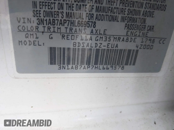 2017 Nissan Sentra SV with VIN 3N1AB7AP7HL669578, listed as a IAAI auction lot 42423277 with 203,341 mi miles and . Bid and sale history available at DreamBid. Image 9.