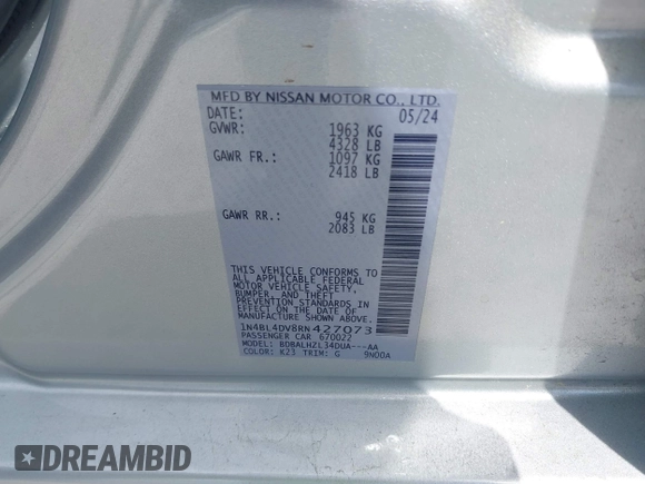 2024 Nissan Altima SV с VIN 1N4BL4DV8RN427073, выставлен на аукционе IAAI как лот 42152075 с пробегом 10 175 миль миль и . История ставок и продаж доступна на DreamBid. Изображение 9.