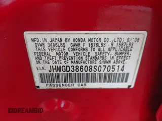 2008 Honda Fit Sport z VIN JHMGD38608S070514, wystawiony jako IAAI lot #42271642 z przebiegiem 145 528 mil mil oraz . Historia ofert i sprzedaży dostępna na DreamBid. Obrazek 9.