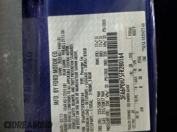 2015 Ford Fusion SE with VIN 3FA6P0H75FR280164, listed as a Copart auction lot 83013104 with Not Provided miles and Non Repairable. Bid and sale history available at carsss.com. Image 12.