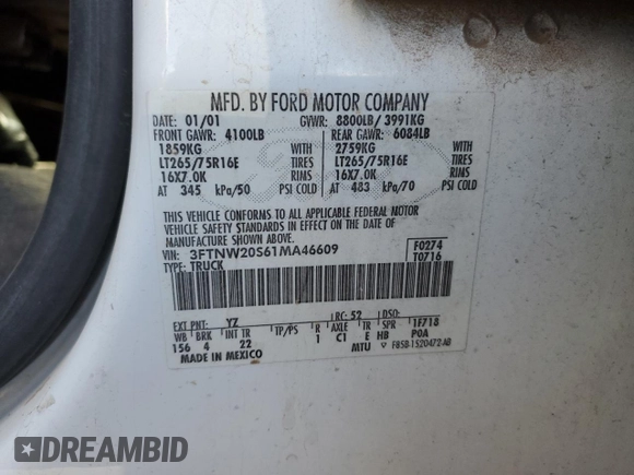 2001 Ford F-250 with VIN 3FTNW20S61MA46609, listed as a Copart auction lot 89076465 with 270,633 mi miles and Salvage title. Bid and sale history available at DreamBid. Image 12.