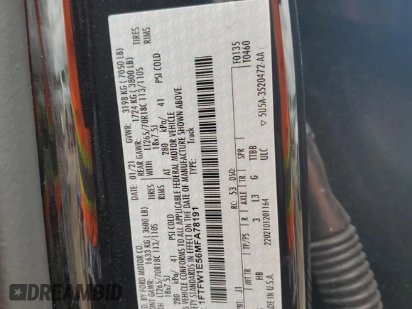 2021 Ford F-150 XL with VIN 1FTFW1E56MFA78191, listed as a Copart auction lot 57582025 with 92,347 mi miles and Salvage title. Bid and sale history available at DreamBid. Image 12.