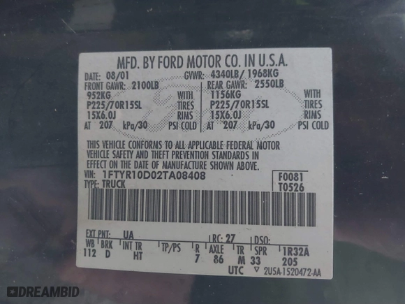 2002 Ford Ranger XL with VIN 1FTYR10D02TA08408, listed as a IAAI auction lot 41599063 with 248,040 mi miles. Bid and sale history available at carsss.com. Image 9.