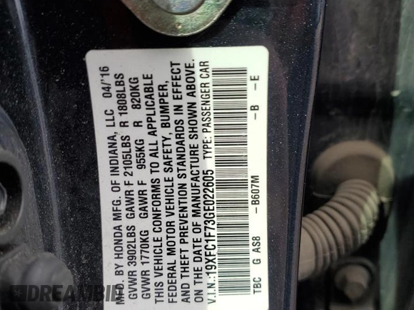 2016 Honda Civic Sedan EX-L with VIN 19XFC1F73GE022605, listed as a Copart auction lot 47203575 with 176,936 mi miles and Salvage Title. Bid and sale history available at carsss.com. Image 12.