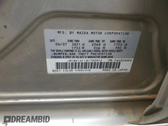 2008 Mazda 3 i Sport with VIN JM1BK12F181790912, listed as a Copart auction lot 79189674 with 289,265 mi miles and Salvage Title. Bid and sale history available at DreamBid. Image 14.