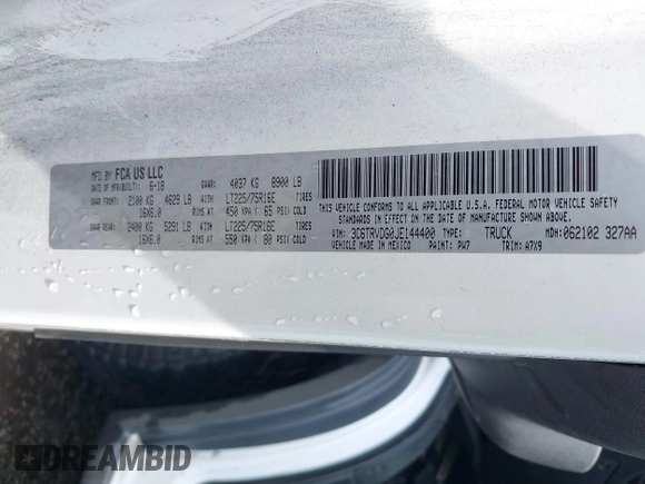 2018 Ram ProMaster Cargo z VIN 3C6TRVDG0JE144400, wystawiony jako IAAI lot #42287423 z przebiegiem 124 891 mil mil oraz . Historia ofert i sprzedaży dostępna na DreamBid. Obrazek 9.