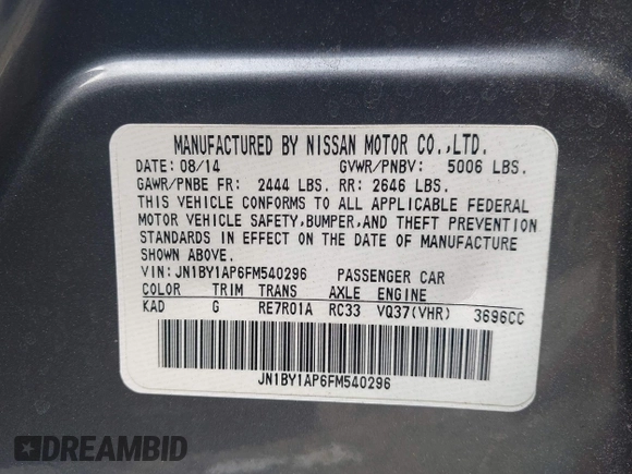 2015 Infiniti Q70 with VIN JN1BY1AP6FM540296, listed as a IAAI auction lot 42524538 with 119,933 mi miles and . Bid and sale history available at DreamBid. Image 9.