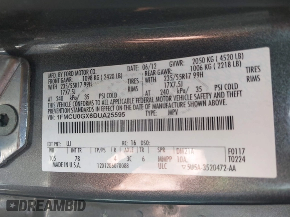2013 Ford Escape SE с VIN 1FMCU0GX6DUA25595, выставлен на аукционе IAAI как лот 42669283 с пробегом 210 869 миль миль и . История ставок и продаж доступна на DreamBid. Изображение 9.