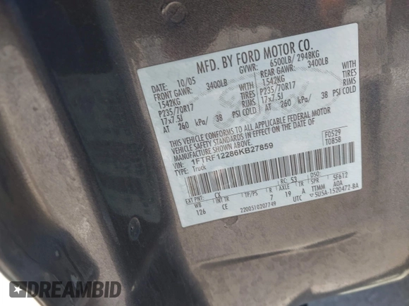 2006 Ford F-150 XL with VIN 1FTRF12286KB27859, listed as a IAAI auction lot 42554099 with 1,540,769 mi miles and . Bid and sale history available at DreamBid. Image 9.