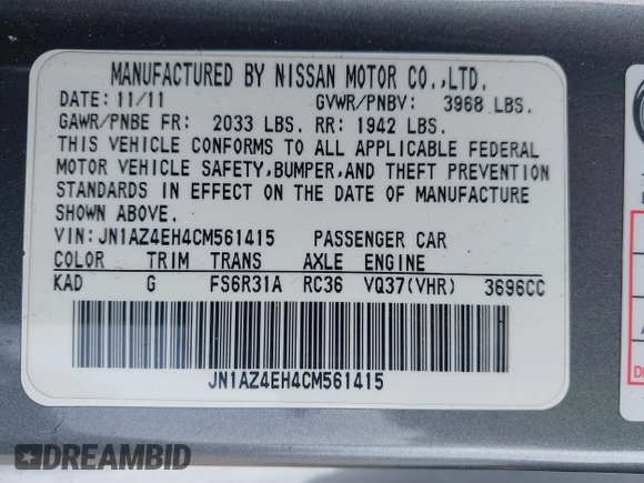 2012 Nissan 370Z Touring with VIN JN1AZ4EH4CM561415, listed as a IAAI auction lot 41838948 with 111,298 mi miles. Bid and sale history available at carsss.com. Image 9.