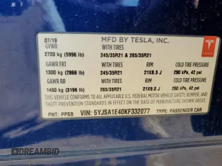 2019 Tesla Model S 100D with VIN 5YJSA1E40KF332077, listed as a Copart auction lot 53733965 with 33,098 mi miles and Salvage title. Bid and sale history available at DreamBid. Image 13.