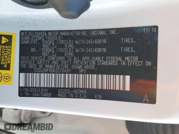 2019 Toyota Highlander SE z VIN 5TDJZRFH5KS570491, wystawiony jako Copart lot #50373435 z przebiegiem Nie podano mil oraz Szkoda całkowita • Salvage title. Historia ofert i sprzedaży dostępna na DreamBid. Obrazek 14.