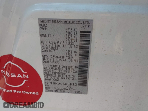 2019 Nissan Pathfinder SV z VIN 5N1DR2MN1KC603612, wystawiony jako IAAI lot #40720148 z przebiegiem 98 571 mil mil oraz . Historia ofert i sprzedaży dostępna na DreamBid. Obrazek 9.