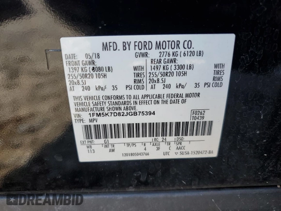 2018 Ford Explorer XLT with VIN 1FM5K7D82JGB75394, listed as a Copart auction lot 55030535 with 129,033 mi miles and Salvage title. Bid and sale history available at DreamBid. Image 14.