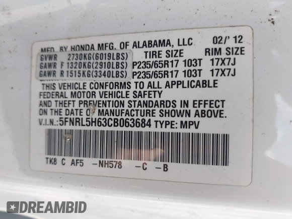 2012 Honda Odyssey EX-L with VIN 5FNRL5H63CB063684, listed as a IAAI auction lot 42576742 with 170,656 mi miles and . Bid and sale history available at DreamBid. Image 9.