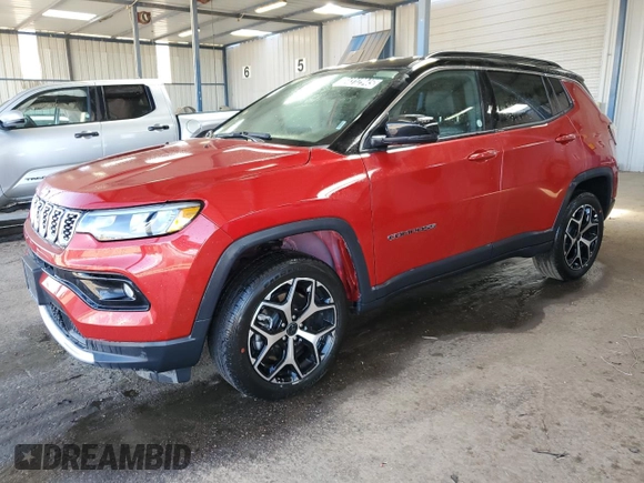 2025 Jeep Compass Limited z VIN 3C4NJDCN9ST552801, wystawiony jako Copart lot #64312945 z przebiegiem 3 401 mil mil oraz Szkoda całkowita • Salvage title. Historia ofert i sprzedaży dostępna na DreamBid. Obrazek 1.